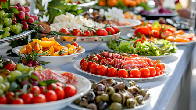 Plates with variety food on the celebration table