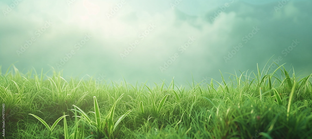 Wall mural this is a refreshing summer landscape with a close-up of a lawn shrouded in light fog in the early m