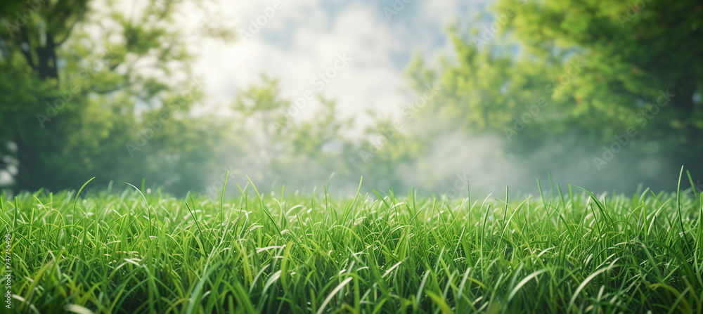 Canvas Prints this is a refreshing summer landscape with a close-up of a lawn shrouded in light fog in the early m