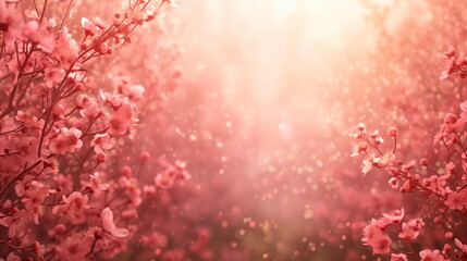 A pink spring flower bokeh background frame with pouring light. Copy space. Spring, flower background. Generative AI
