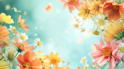Gorgeous and colorful spring flower frame on sky blue bokeh background. Copy space. Generative AI