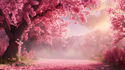 Floor covered with pink petals under a large pink cherry blossom tree. Misty. Foggy. Fairy tale style. Spring background. Dreamy. Fantasy. Generative AI