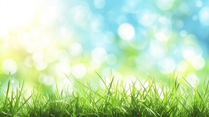 Fototapeta na wymiar A close-up of a green grass field bathed in spring sunlight with a bokeh background. Beautiful sunny spring meadow. Spring background. Copy space. Generative AI