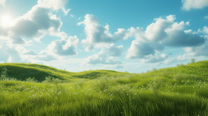 Green hills covered with lush green grass under a blue sky full of clouds. Green meadows, fields. Summer or spring background. Generative AI