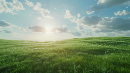 Green hills covered with lush green grass under a blue sky full of clouds. Green meadows, fields. Summer or spring background. Generative AI - obrazy, fototapety, plakaty