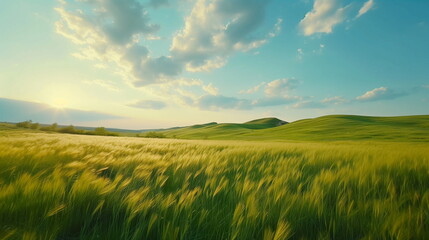 Fototapeta premium Green hills under a blue sky full of clouds. Green meadows, fields, green reed forests. Summer or spring background. Generative AI