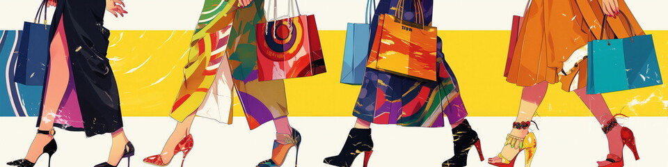 Close-up of legs and shoes of four fashionable women carrying shopping bags wearing various clothes and shoes. Close-up lower body. Illustration of fashion trend and shopping concept. Generative AI