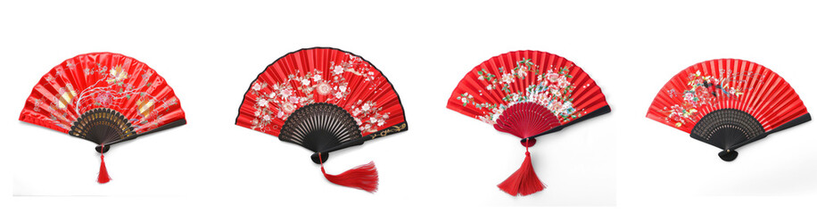 Chinese traditional red fan on transparency background PNG
 - obrazy, fototapety, plakaty