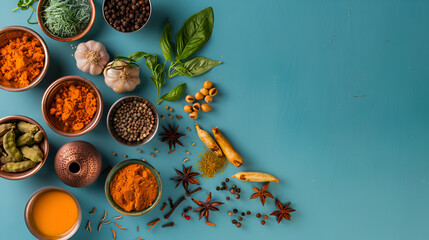 Flat lay indian spices and dish