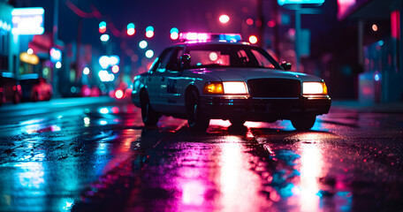 police car with flashing lights at night in city street - obrazy, fototapety, plakaty