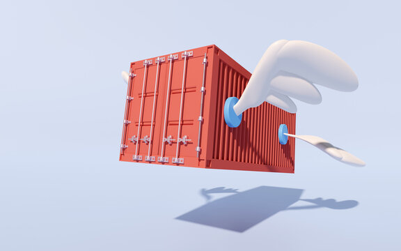 shipping container fly with wing isolated on blue background. express delivery route, worldwide shipping concept, 3d illustration render