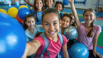 Fototapeta na wymiar Happy PE teacher and school kids taking selfie during exercise class