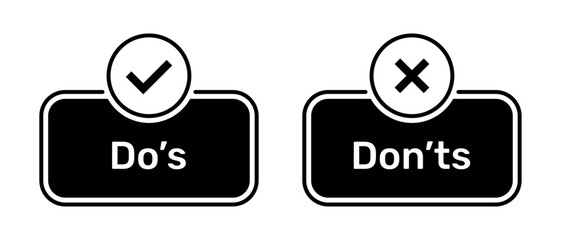Do's and Don'ts buttons with right and wrong symbols black color. Check box icon with tick and cross symbols with do's and don'ts button icons in black box. Do and Don't symbol vector.