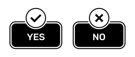 Yes and No buttons with right and wrong symbols black color. Check box icon with right and wrong symbols with yes or no button icons in black box. Yes and no symbol isolated on white background.