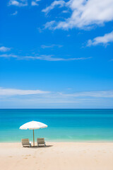 Fototapeta na wymiar Mesmerizing Aquamarine Seascape: Pristine Beach with Colorful Parasols and Lonely Sailboat