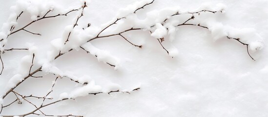 A tree branch devoid of leaves is covered in a layer of snow, blending into the snowy background. The stark contrast between the dark branch and the white snow creates a simple yet striking winter