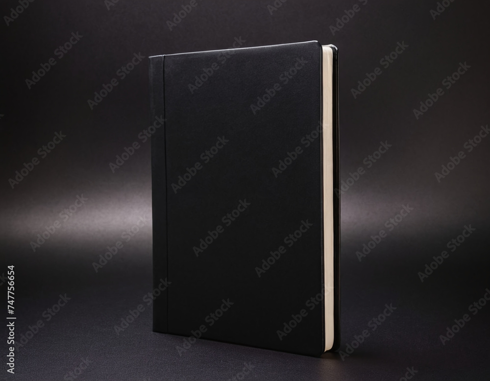 Poster sleek black notebook with a minimalist design on a dark background, showcasing elegance and simplici