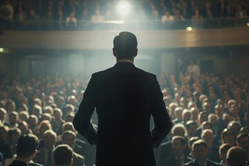 Back view of a man in a business suit delivering a powerful speech on stage In front of a large audience Symbolizing leadership and influence