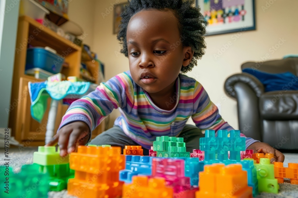 Poster child deeply engaged in play with colorful building blocks at home showcasing creativity learning an