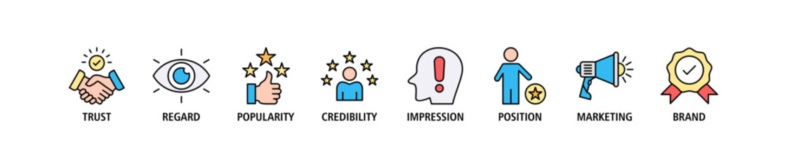 Reputation management banner web icon set vector illustration concept with icon of trust, regard, popularity, credibility, impression, position, marketing and brand