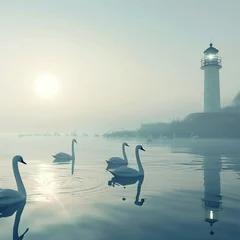 Selbstklebende Fototapeten Envision a serene lakeside scene, where a fleet of swans glides across the still waters, leaving behind ripples that resemble the spreading of news stories across the globe.  © Dawood