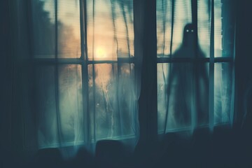 Chilling scene of a blurred ghost silhouette in a bedroom window Creating an eerie atmosphere perfect for horror stories or halloween themes - obrazy, fototapety, plakaty