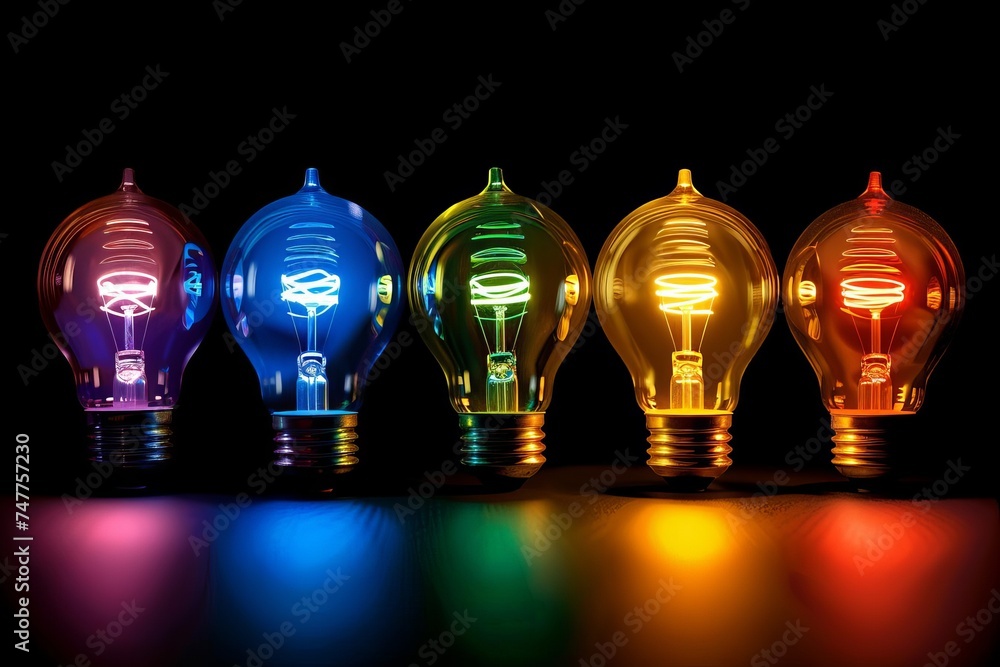 Poster conceptual glowing light bulb in a spectrum of colors representing innovation creativity and the spa