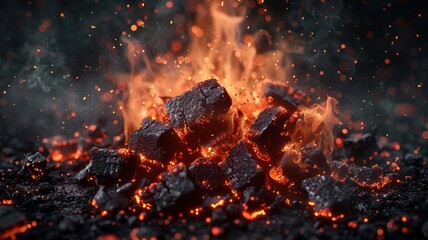 Intense warmth of charcoal briquettes burning with fierce orange flames - obrazy, fototapety, plakaty