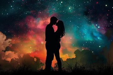 Cosmic silhouette of a couple in love against a star-filled sky Evoking the infinite possibilities of love and connection in the universe