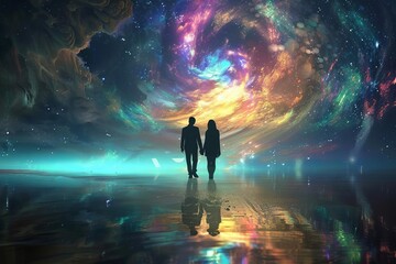 Couple silhouetted against a mystical cosmic backdrop Exploring themes of love Connection And the vastness of the universe. - obrazy, fototapety, plakaty