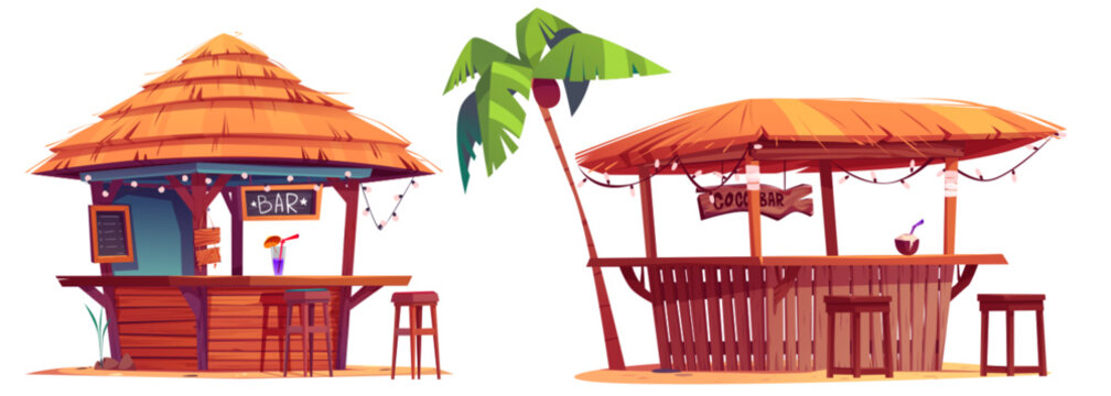 Beach bar shacks with straw roof, wooden stools, palm tree with coconut and cocktail drinks on counter. Cartoon vector illustration set of tropical tiki cafe on sand island for hawaiian vacation.
