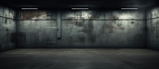 An empty parking garage devoid of any people, with dark concrete walls covered in rust. The architecture of the structure adds to the grungy background of the scene. - obrazy, fototapety, plakaty