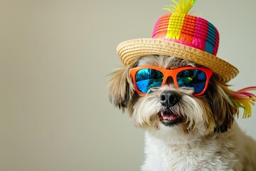 Dog celebrating a party with a colorful hat and sunglasses Exuding a fun and joyful vibe against a plain background