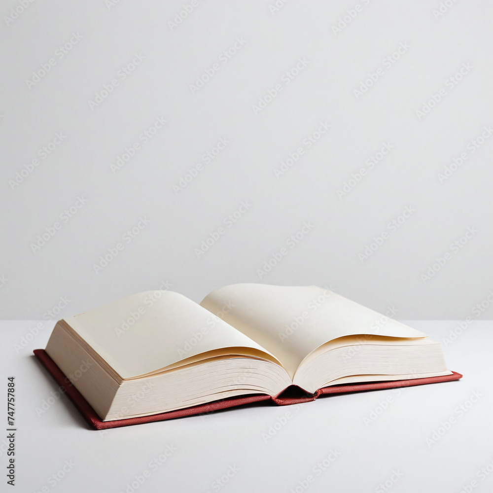 Poster an open book with blank pages on a minimalist white background, evoking a sense of simplicity and po