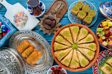 Traditional Turkish Sherbet Desserts (Baklava, Tulumba, Carrot Slice) Special Concept Photo for...
