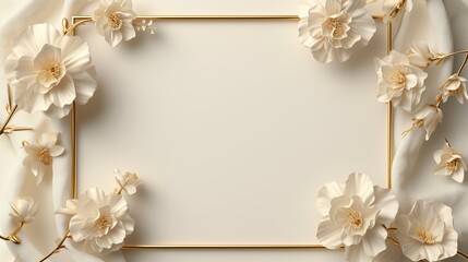 White flower frame on a light beige background with copy space.
