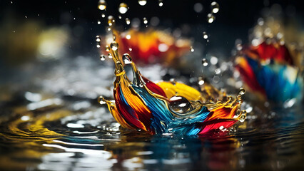 Watch as the water drops come to life, each with its own unique style and rhythm, creating a symphony of movement and color that will leave you in awe. - obrazy, fototapety, plakaty