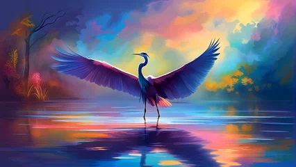 Foto op Plexiglas A heron fluttering its wings in the lake. © saurav005