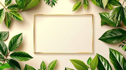green leave frame on a light beige background with copy space.