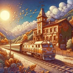 Papier Peint photo Lavable Rouge violet A train on a journey through a natural landscape in a doodle illustration