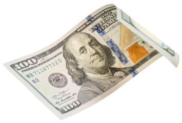 100 dollars banknotes falling in the air isolated on white, Flying 100 American dollars banknotes isolated on white background PNG file.