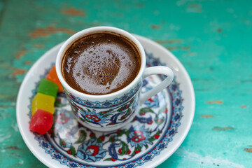 Turkish Coffee (Turk Kahvesi) and Colorful Turkish Delights Photo, Uskudar Istanbul, Turkiye (Turkey)