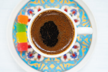 Turkish Coffee (Turk Kahvesi) and Colorful Turkish Delights Photo, Uskudar Istanbul, Turkiye (Turkey)