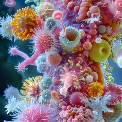A detailed 3D rendering of various pathogens, depicting allergens and microorganisms that trigger allergic reactions. - obrazy, fototapety, plakaty