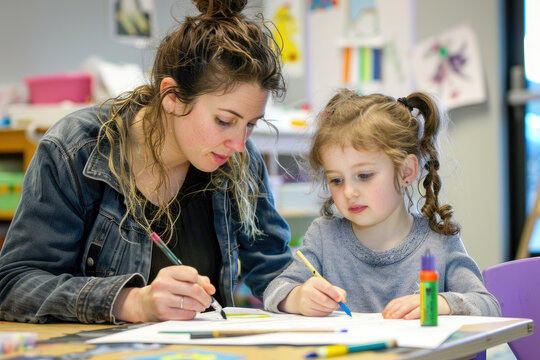 Little girl and female teacher drawing on art class at preschool