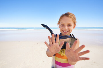 Girl, portrait and hands for goggles at beach, swimming and equipment for snorkeling on holiday. Female person, child and happy on tropical vacation in outdoors, sand and blue sky for mockup space - obrazy, fototapety, plakaty
