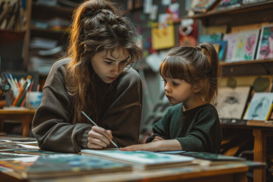 Little girl and female teacher drawing on art class at preschool