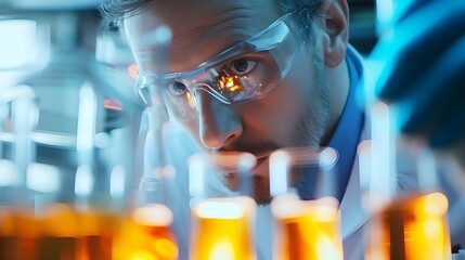 A male scientist carefully analyzing samples in a laboratory with glowing blue test tubes. Focused Scientist Working in a Modern Laboratory  - obrazy, fototapety, plakaty