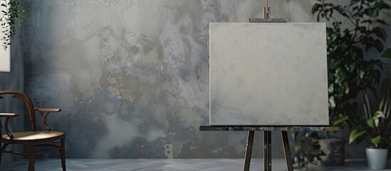 A white easel is positioned in front of a painting displayed on another easel. The wooden easel holds a canvas, while the grey wall provides a simple background.