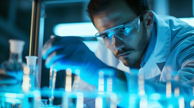 A male scientist carefully analyzing samples in a laboratory with glowing blue test tubes. Focused Scientist Working in a Modern Laboratory 